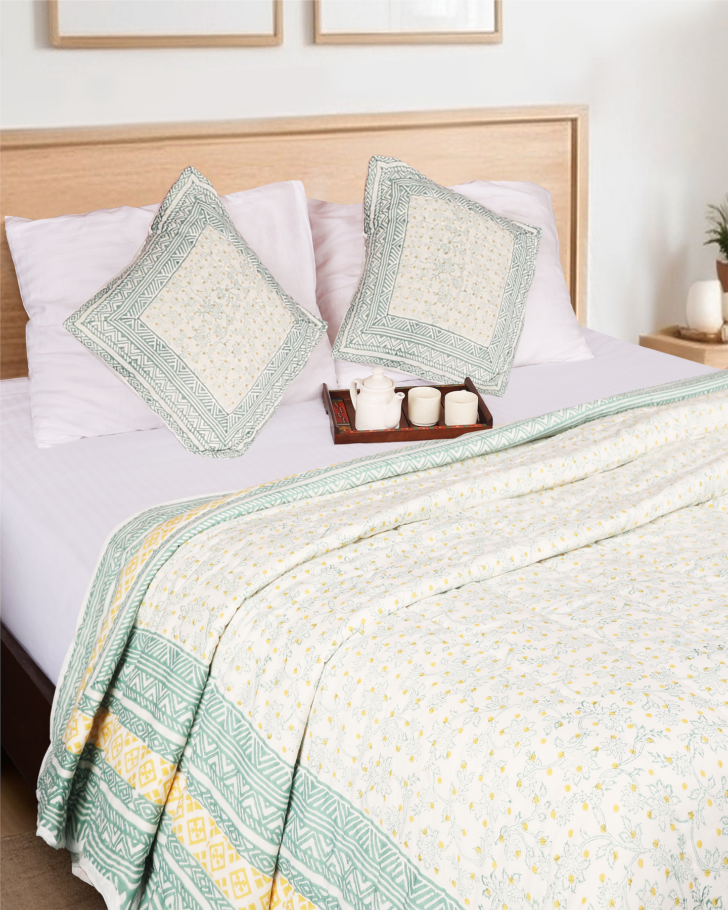White Hand Block Printed Reversible Double Bed Quilt Set with Hand Quilting